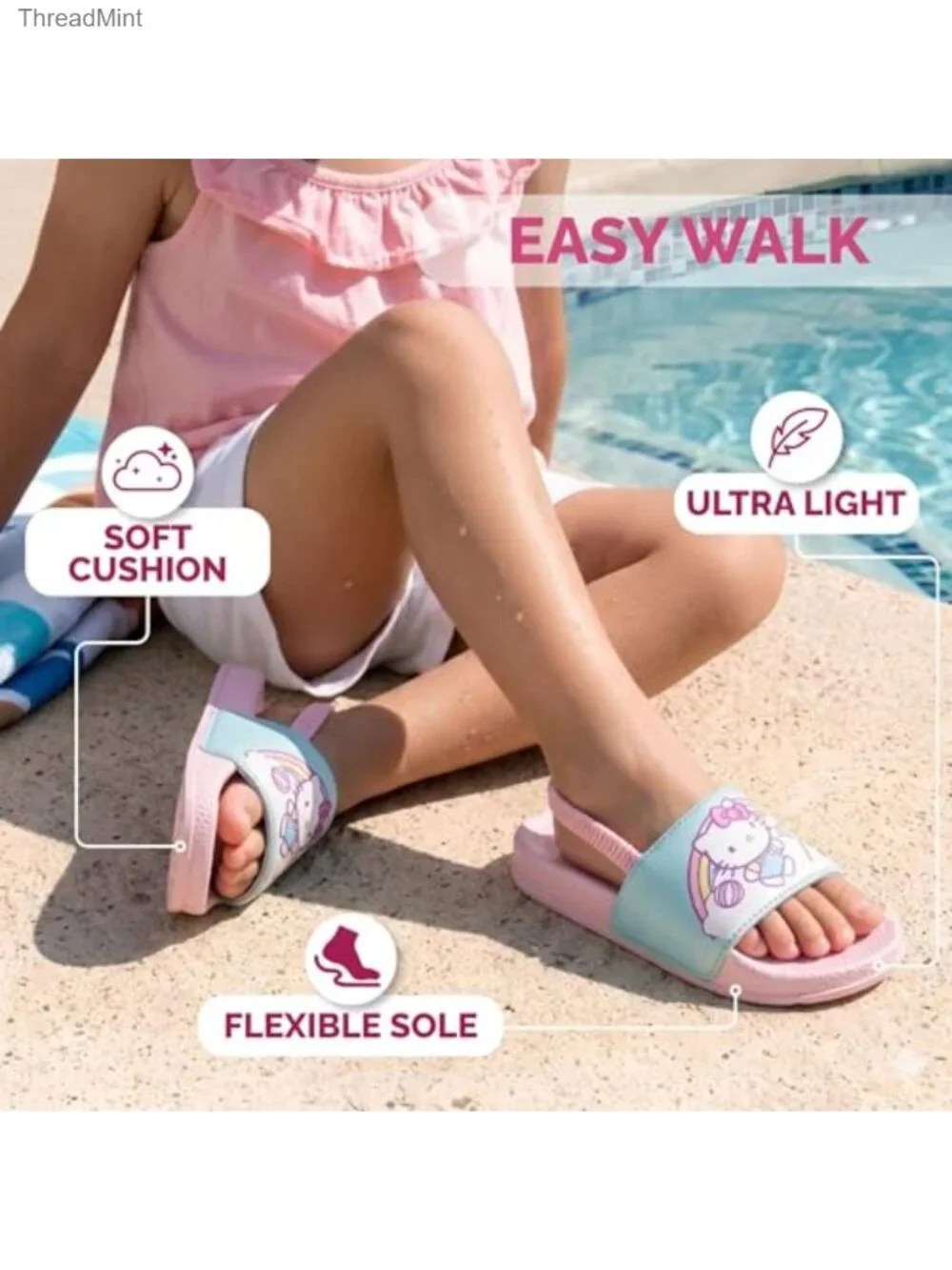 Girls Hello Kitty Slide Sandals w/ Backstrap, EVA Faux Leather, Beach Pool Shoes